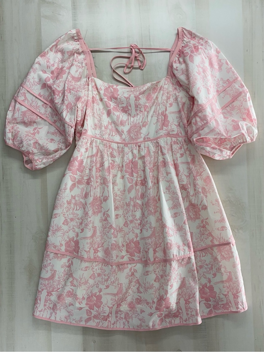 LOVELO Woodland animal toile printed pink puff sleeve dress 1XL